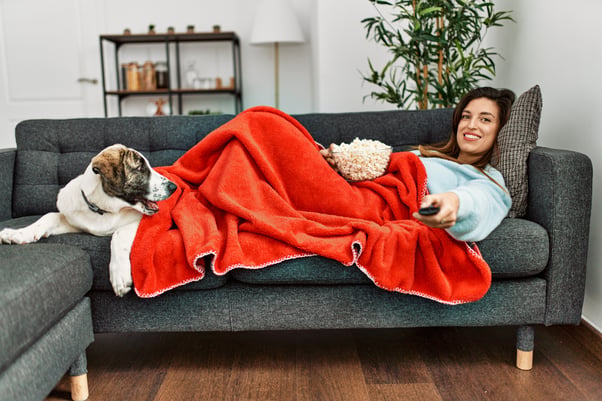 Dog lying on a sofa watching a woman as she eats popcorn and watches the TV.