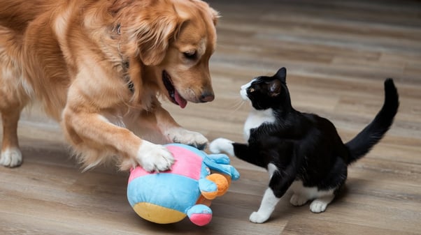 Golden Retriever and a black and white cat playing with a toy together.