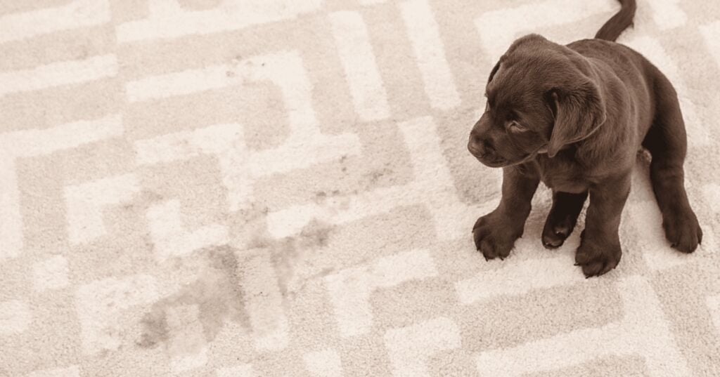 Brauner Labradorwelpe pinkelt auf Teppich