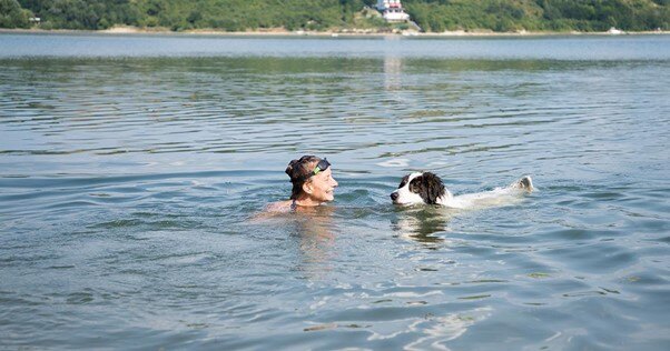 Uma mulher e seu cachorro nadando em um lago