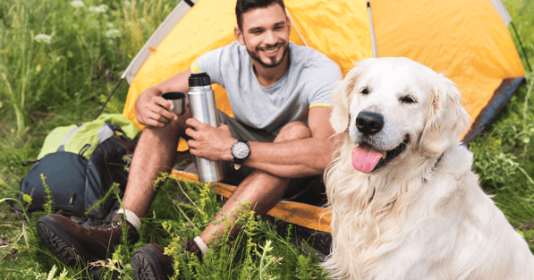 Golden retriever looking happy sitting in front of man in a tent