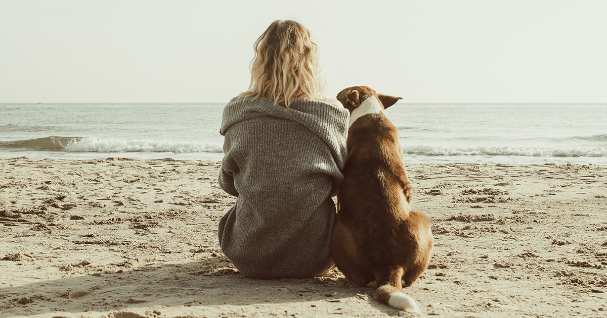 Frau sitzt mit Hund am Strand