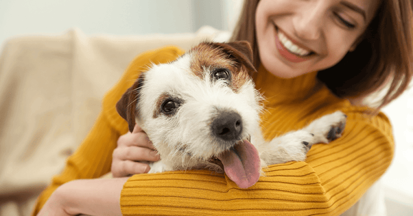 Young woman smiling holding terrier dog in arms