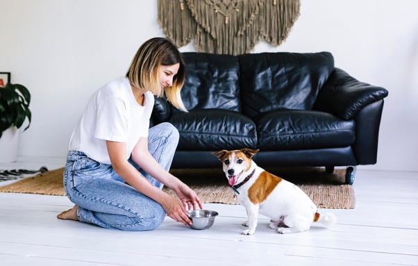 Woman holding a water bowl for a small dog.