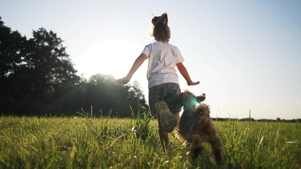 Young girl playing with a dog in a grassy field.