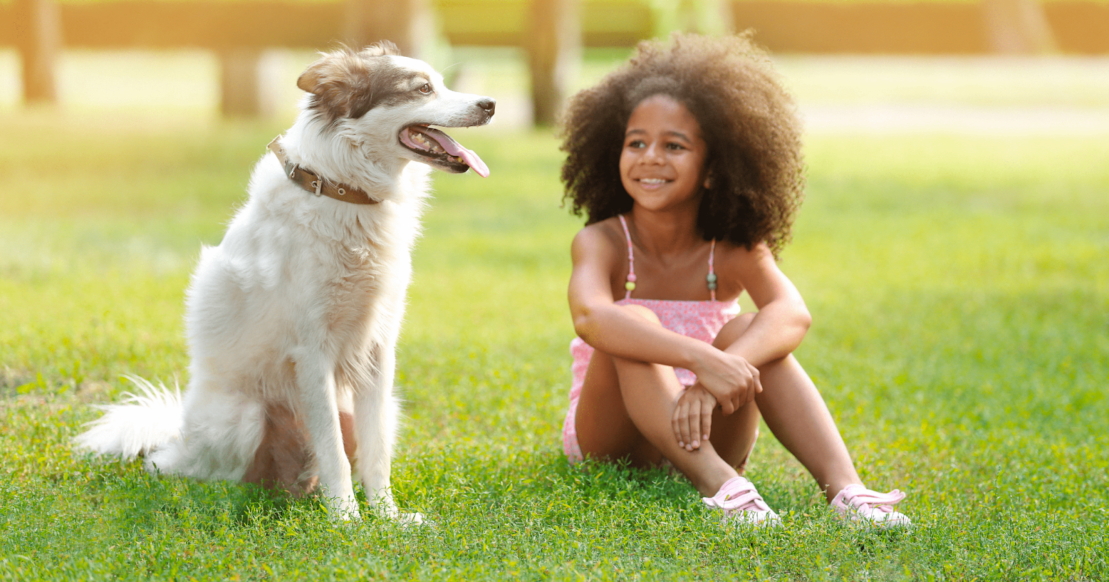 young girl sat in grass with white dog