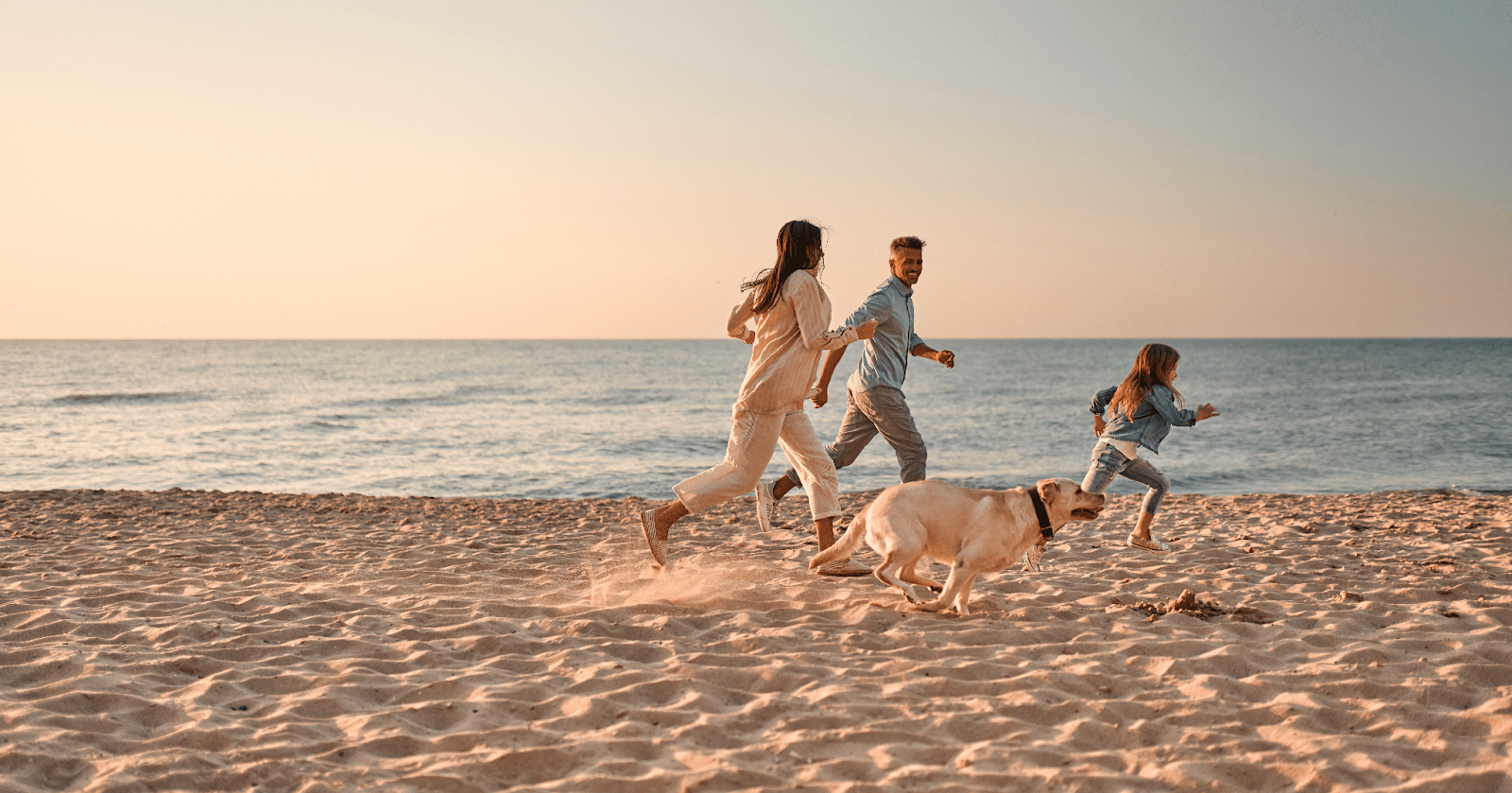 dog running on beach with family