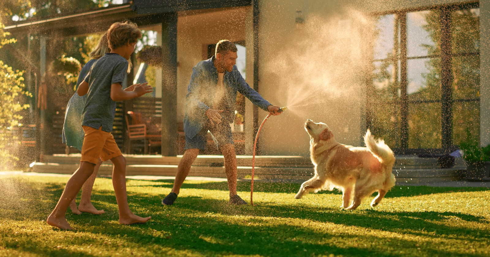family and golden retriever playing with garden hose